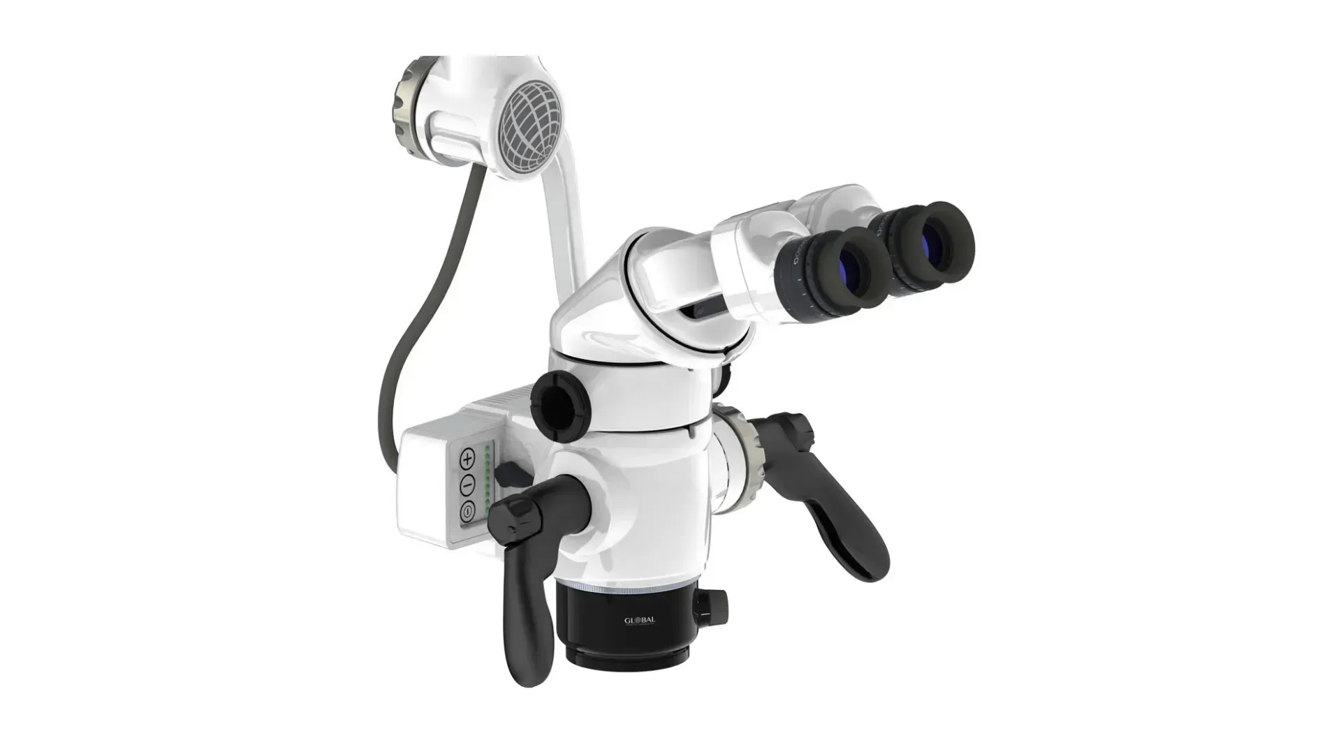 A close up of a dental microscope on a white background.