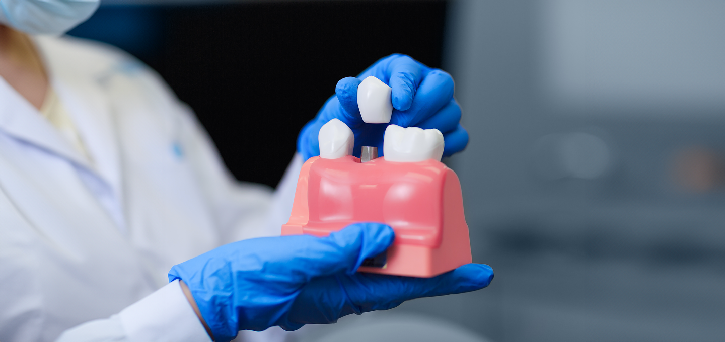 A dentist is holding a model of a person 's teeth.