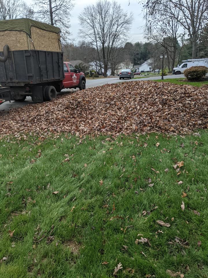 A red truck parked on a residential street next to a large pile of brown fallen leaves on a green lawn.