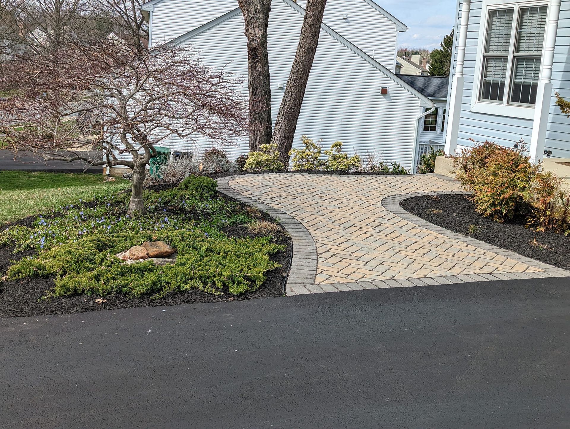 A paved stone walkway leads from an asphalt driveway to a house, flanked by mulch beds, a small tree, and shrubs.