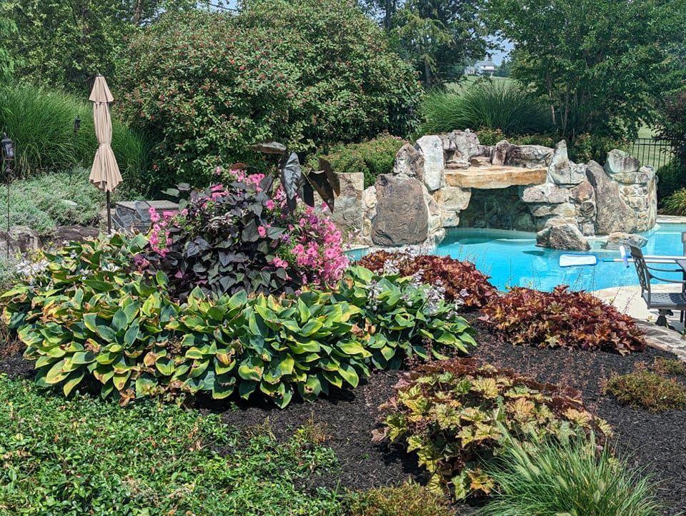 A backyard swimming pool with a stone waterfall feature, surrounded by lush landscaping, flowers, and dark mulch.