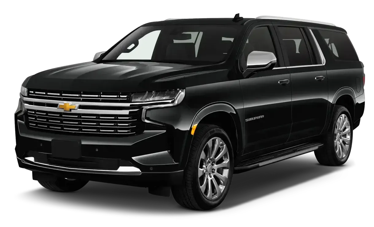 A black chevrolet suburban suv is shown on a white background.