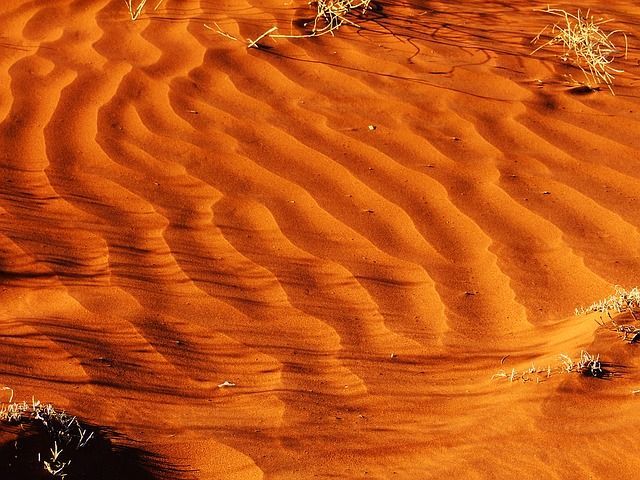 Red sand dunes with wind-formed patterns and sparse vegetation.