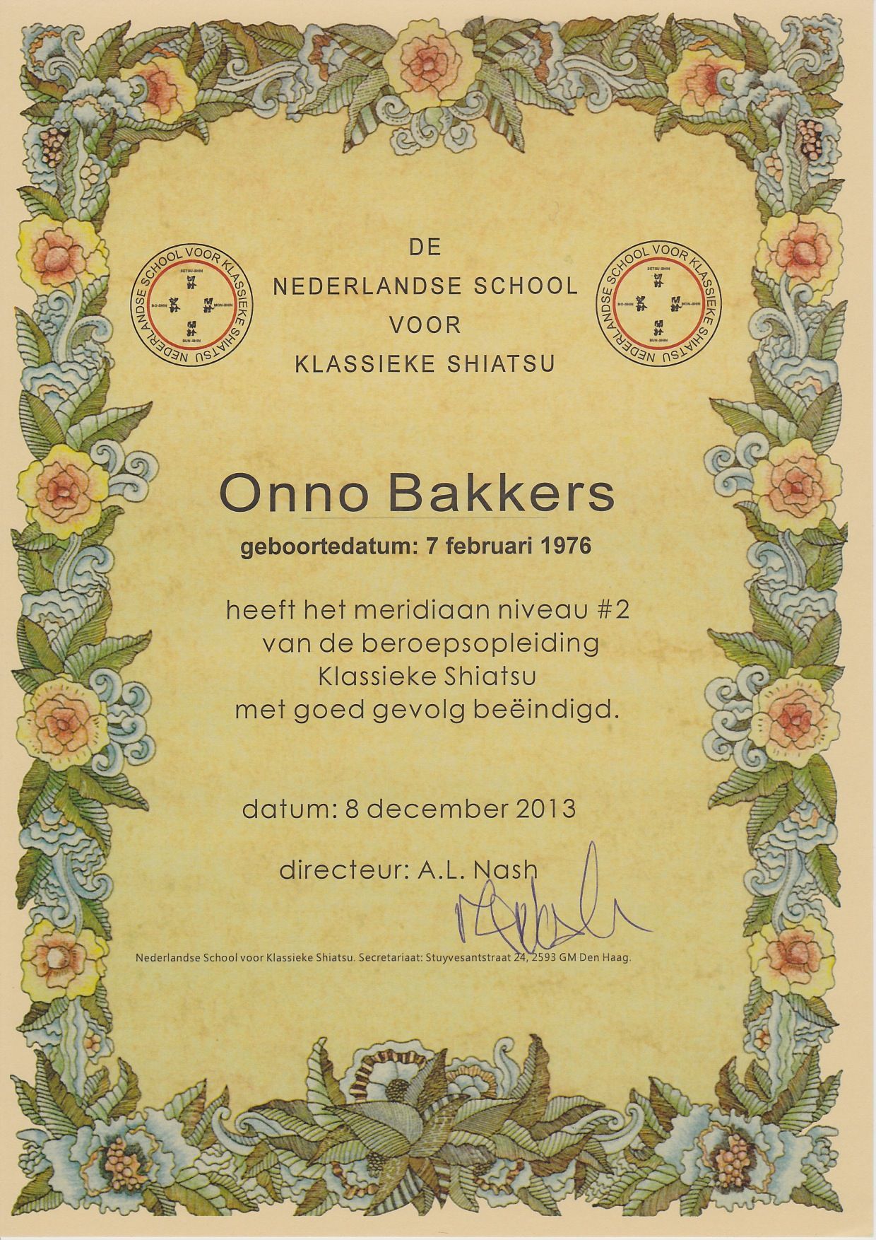 Het behaalde certificaat voor de HBO-opleiding Chinese Geneeskunst en Shiatsu, een bewijs van expertise en kennis.