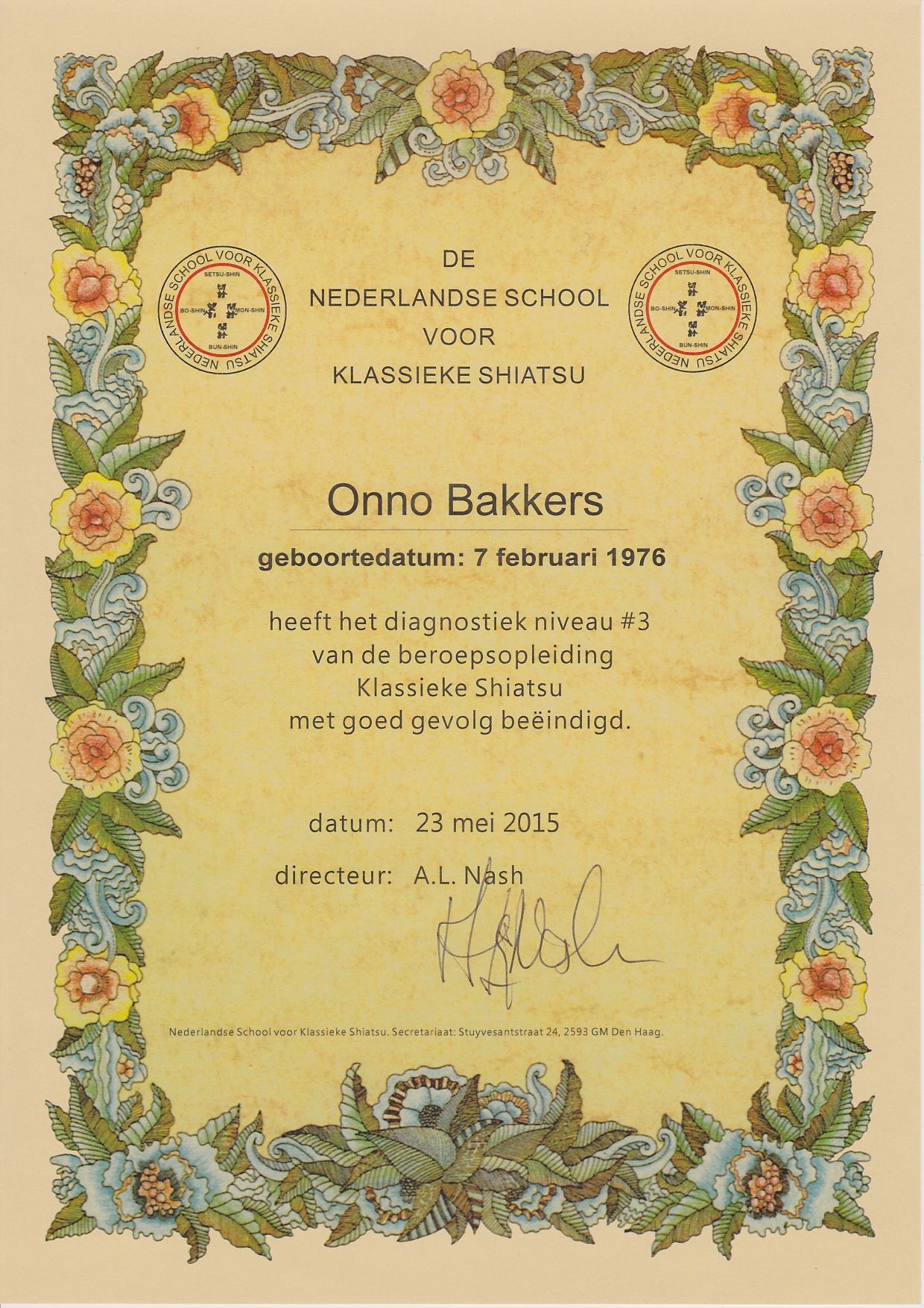 Het behaalde certificaat voor de HBO-opleiding Chinese Geneeskunst en Shiatsu, een bewijs van expertise en kennis.