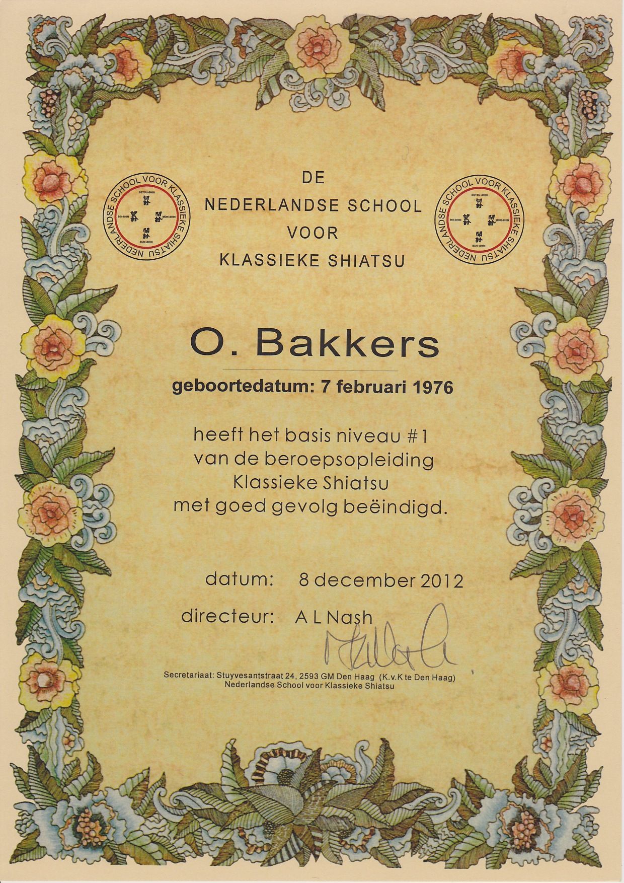 Het behaalde certificaat voor de HBO-opleiding Chinese Geneeskunst en Shiatsu, een bewijs van expertise en kennis.
