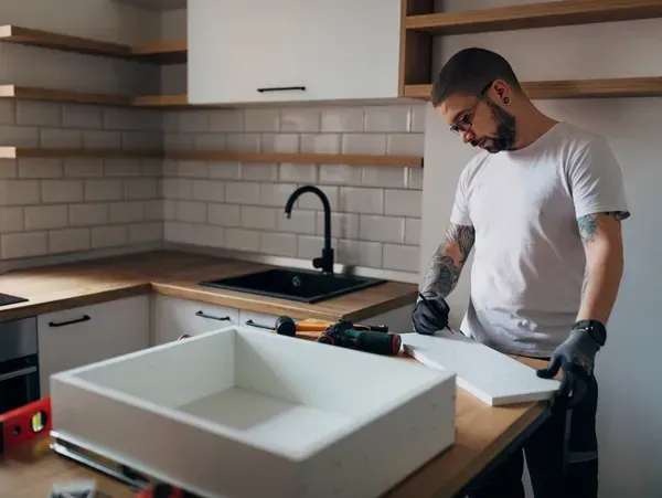 A white van with a toilet in the back is parked on the side of the road.