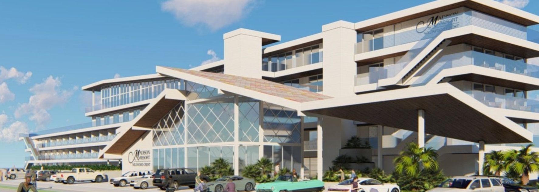 An artist 's impression of a large building with cars parked in front of it.