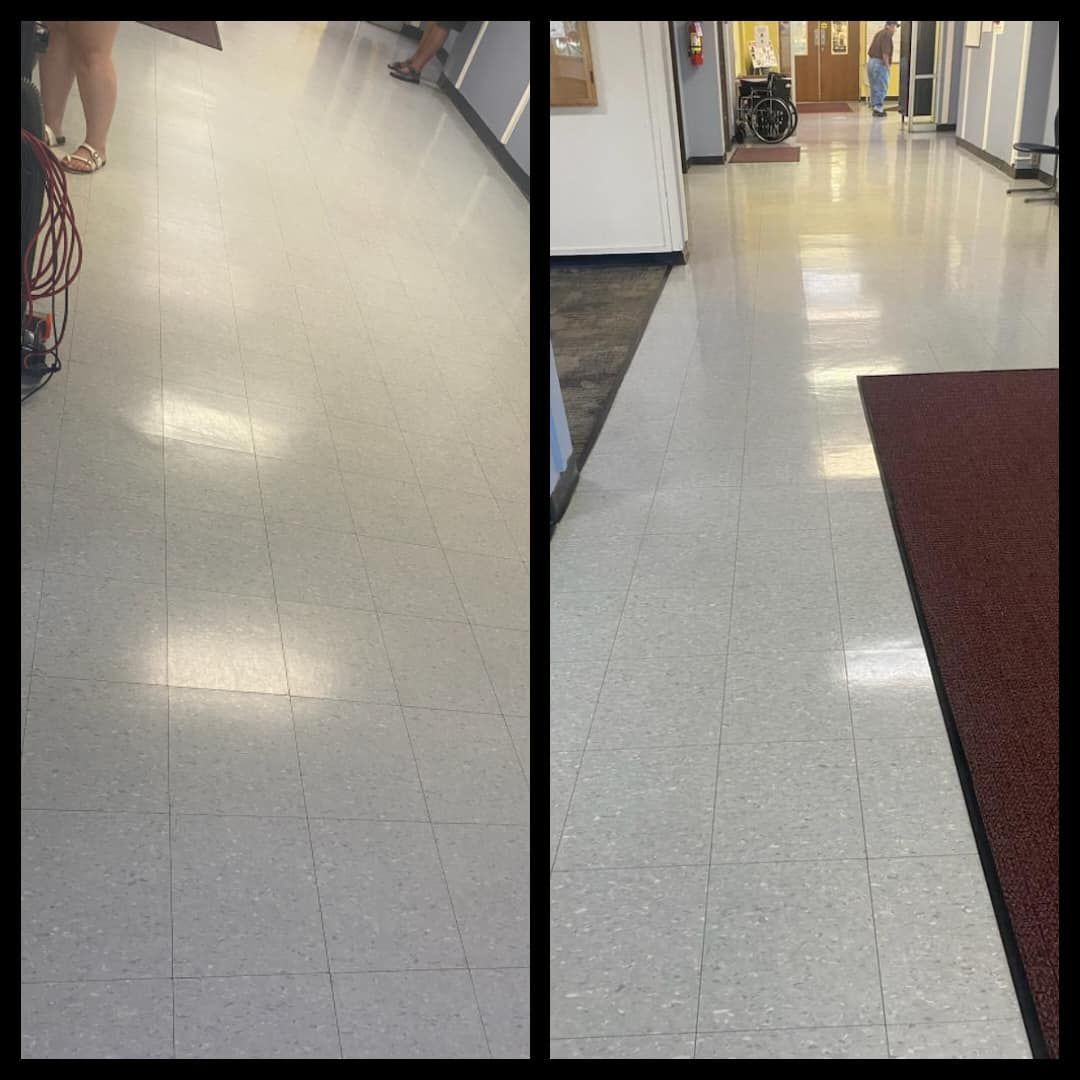 A before and after photo of a tiled floor in a hallway.