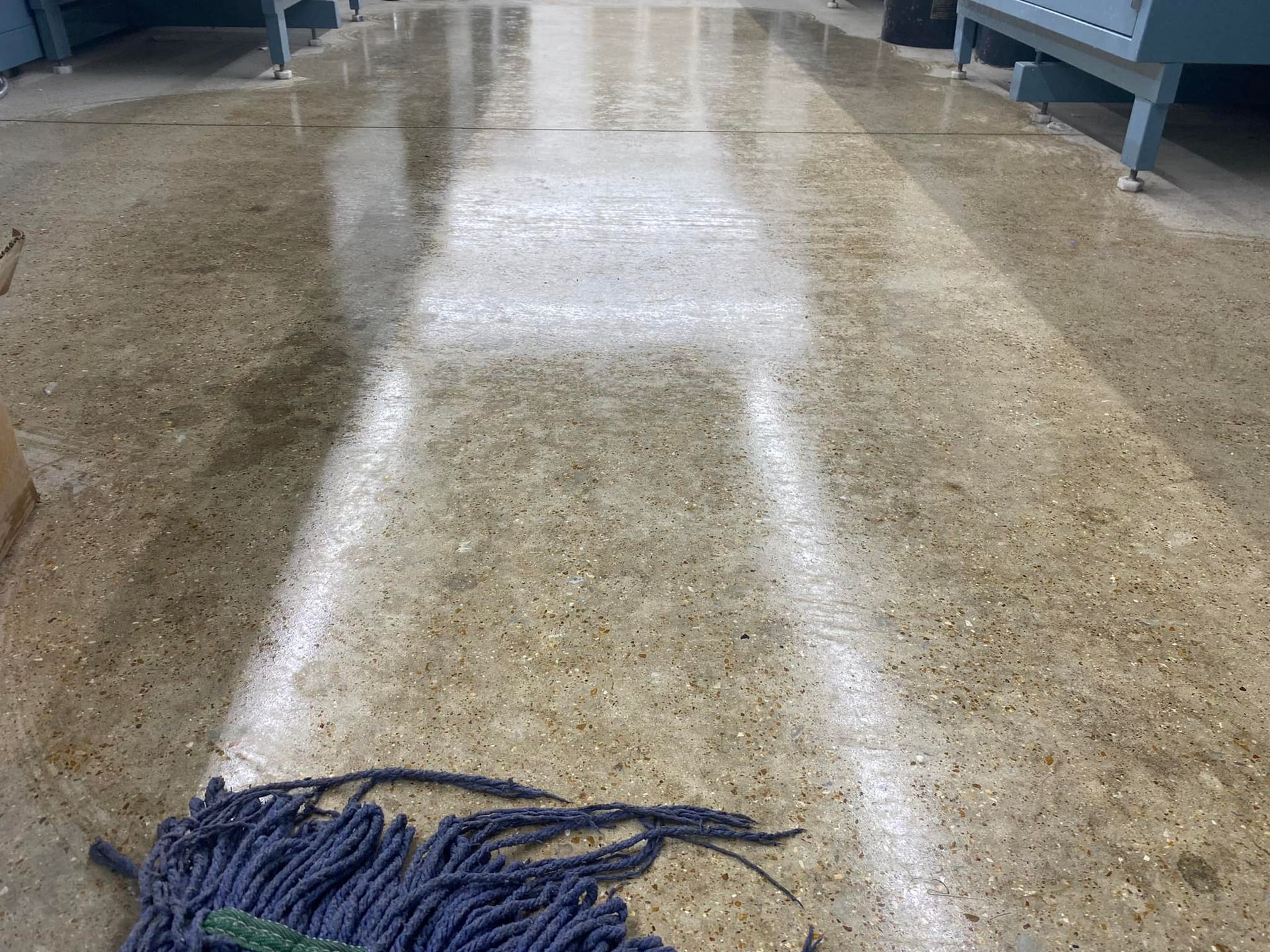 A mop is laying on a shiny concrete floor.