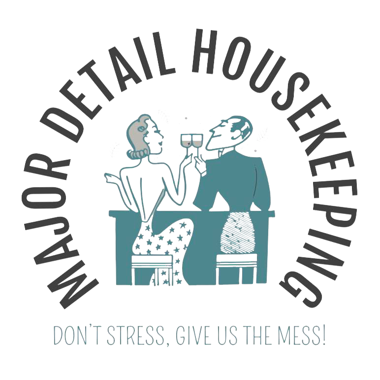 The logo for major detail housekeeping shows a man and woman sitting at a table drinking wine.