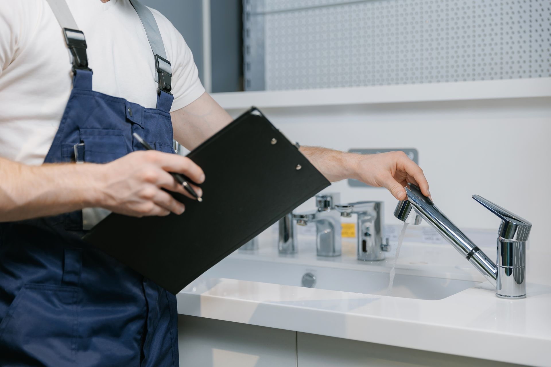 A plumber is fixing a faucet in a bathroom while holding a clipboard.