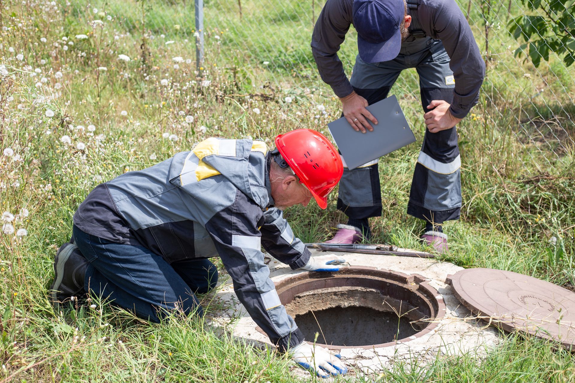 Two men are looking into a manhole cover.