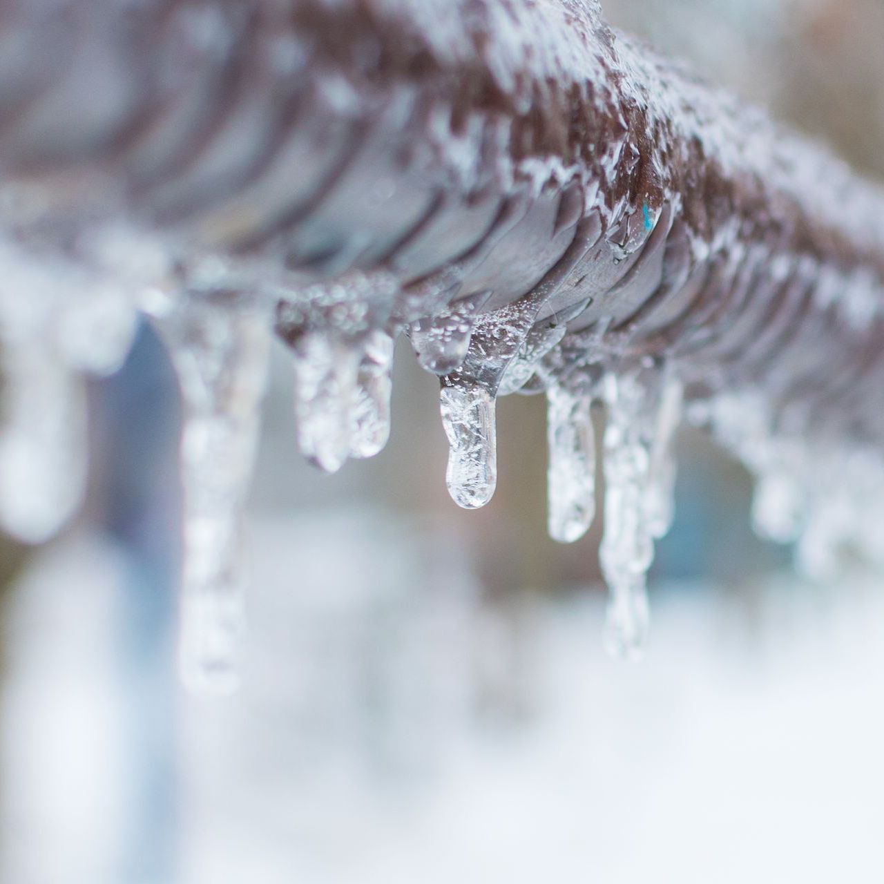 Icicles are hanging from a pipe in the snow.