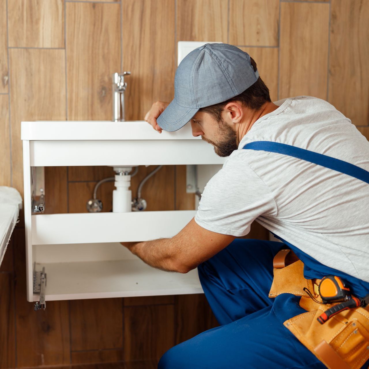 A plumber is fixing a sink in a bathroom.