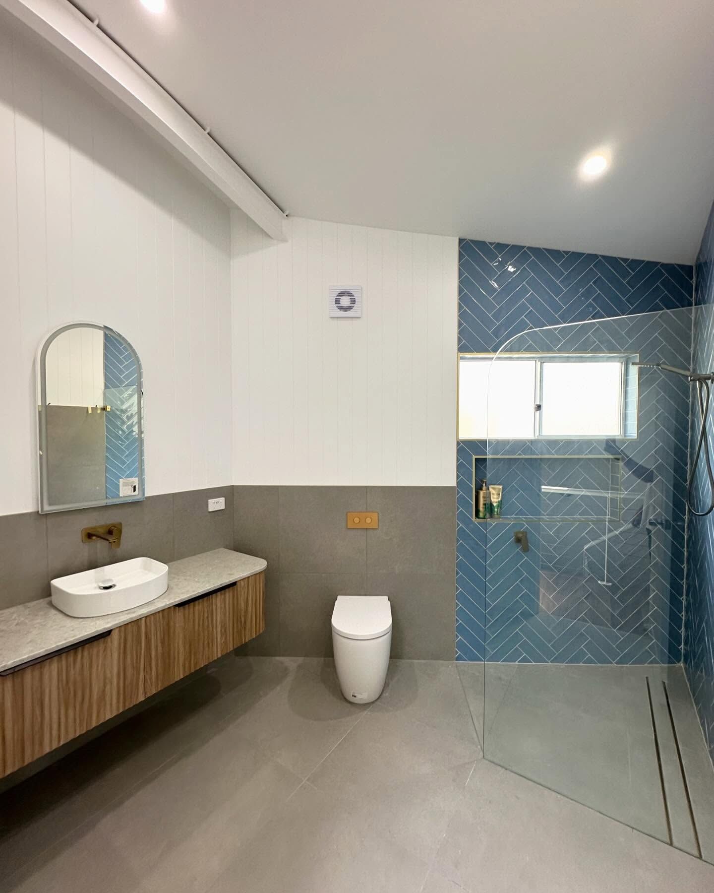 Modern Bathroom With Blue Herringbone Tile — CPAINT In Kempsey, NSW