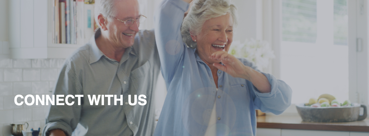 an ad for connect with us shows an elderly couple dancing