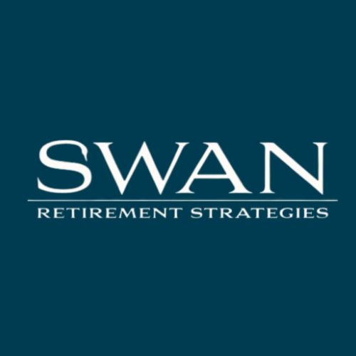 the logo for swan retirement strategies is gray and white .