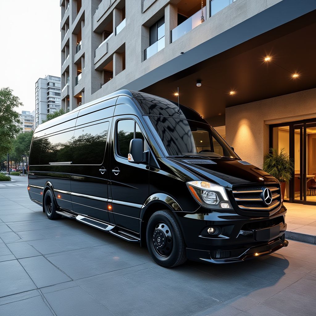 Black Mercedes-Benz Sprinter van parked in front of a modern building, possibly a hotel.