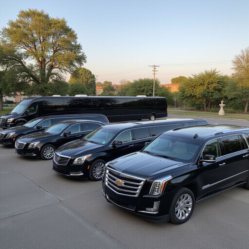 Black vehicles parked in a row: bus, hearse, SUV, and two sedans, outdoors at dusk.