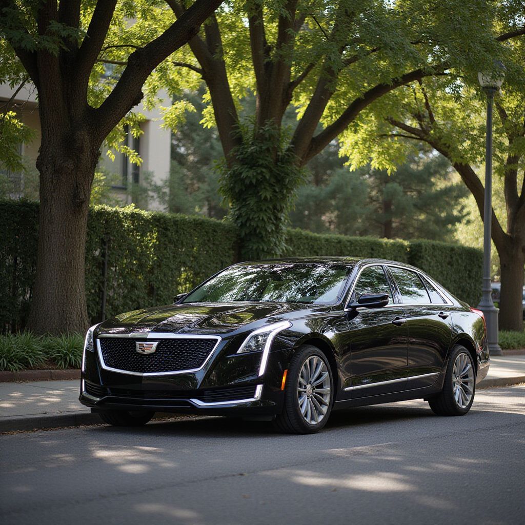 Black Cadillac sedan parked on a tree-lined street, sunny day.