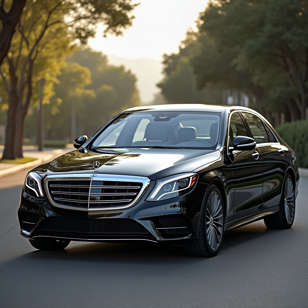 Black Mercedes-Benz sedan parked on a street lined with trees, sunlight in the background.