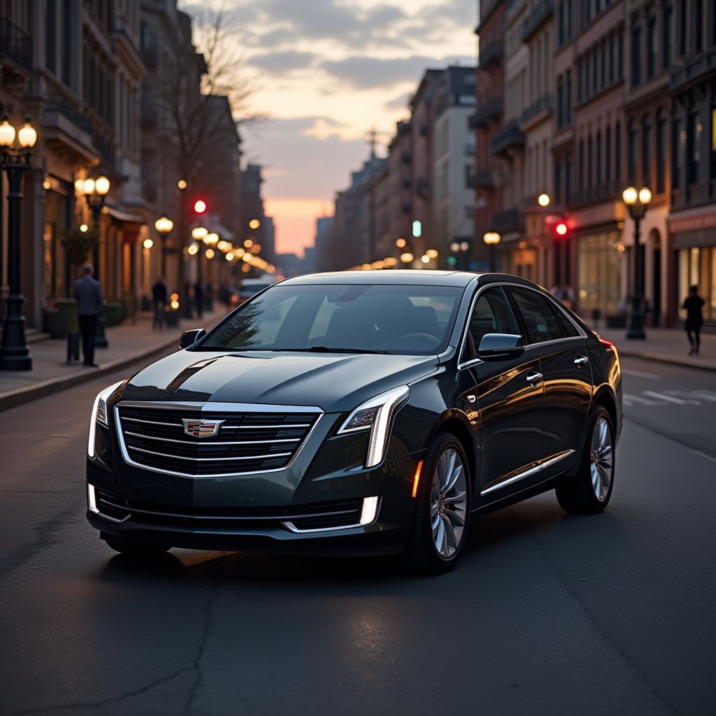 Dark gray Cadillac sedan parked on a city street at dusk, lights reflecting on the car.
