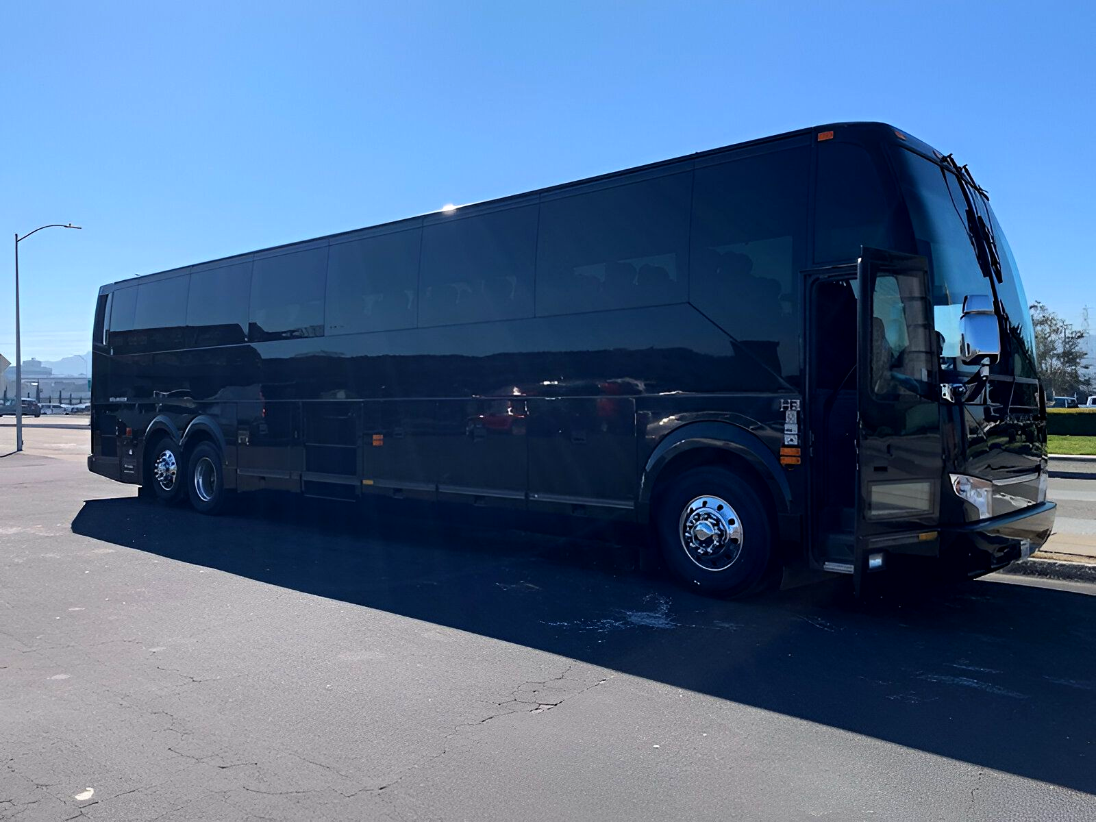 Black Cadillac sedan parked on a tree-lined street, sunny day.