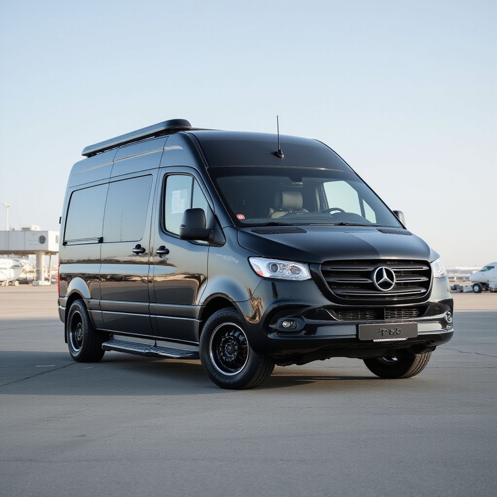 Black Mercedes Sprinter van parked on pavement. Has black wheels and a roof rack.