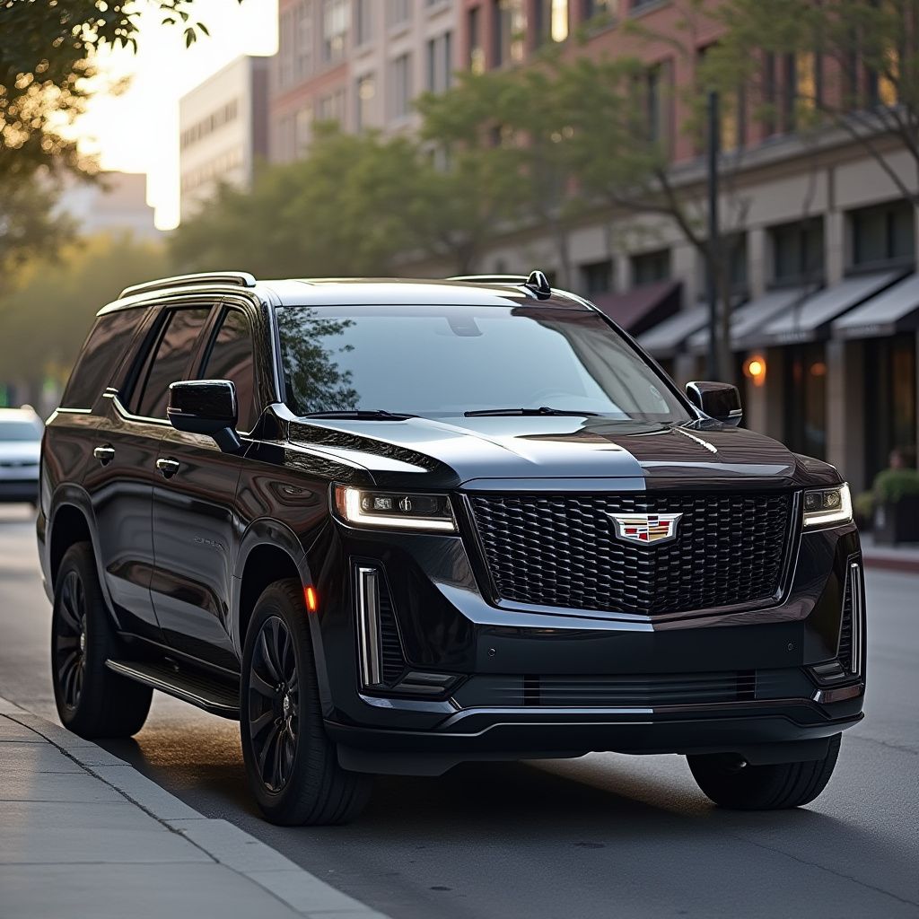 Black Cadillac Escalade parked on a city street, buildings in background.