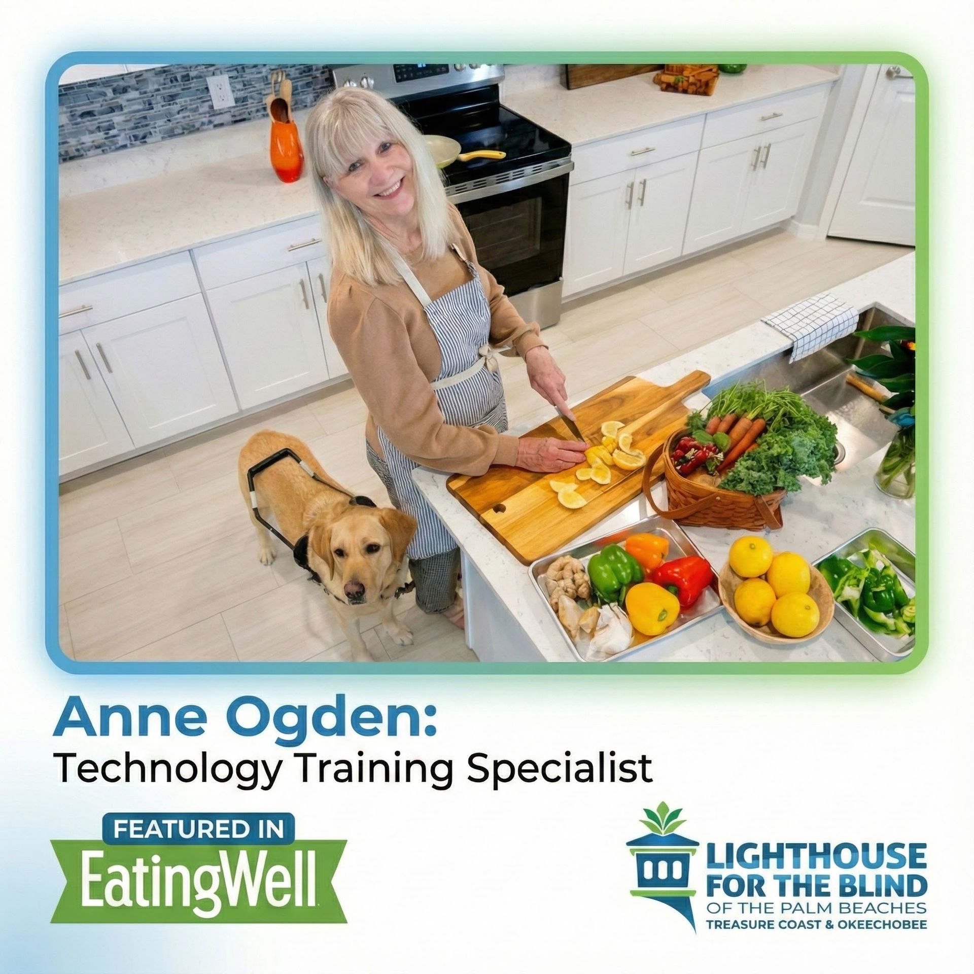 Anne Ogden in the kitchen with her guide dog cooking a meal