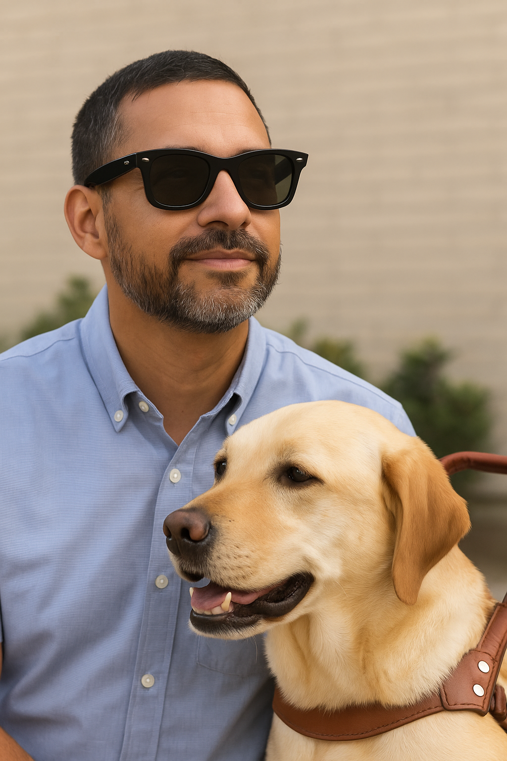A man with dark glasses and a dog