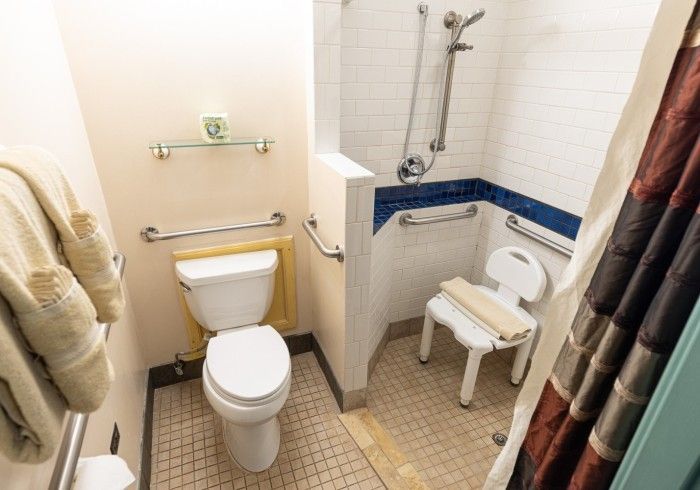 Bathroom with accessible features: toilet, shower with seat, grab bars, neutral colors.