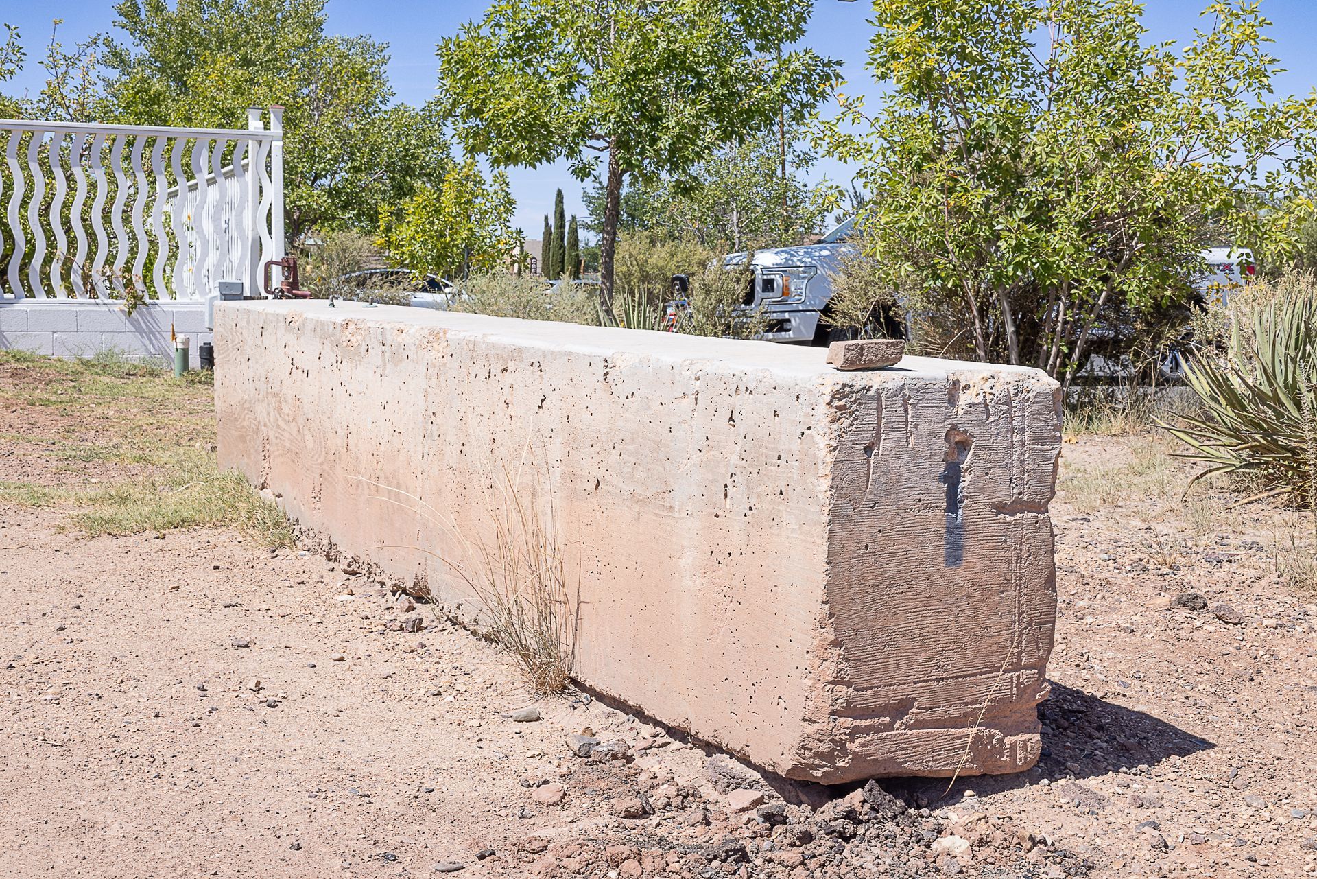 A concrete water trough sits on dry ground. A white fence and trees are in the background.