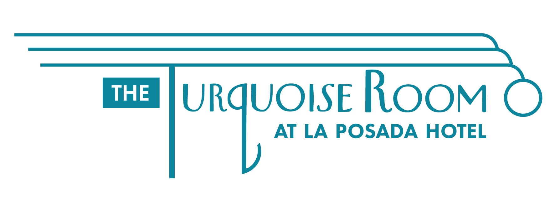 Logo for The Turquoise Room at La Posada Hotel, in teal, with stylized text and architectural elements.