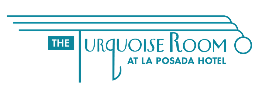 Logo for The Turquoise Room at La Posada Hotel, in teal, with stylized text and architectural elements.