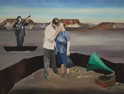 Couple kissing near a vintage record player; musician on a boat; desert landscape.