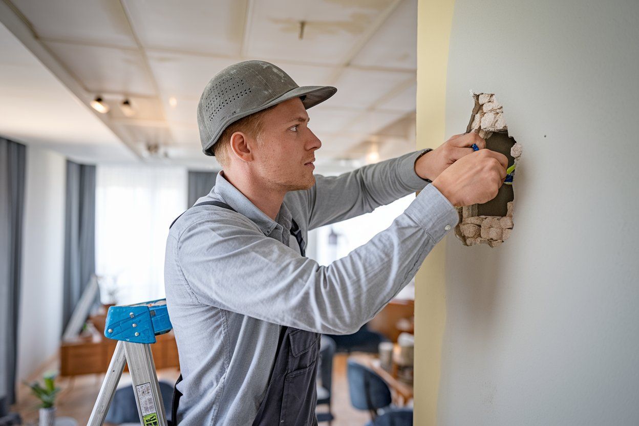 Man in work attire repairing a wall, standing on a ladder.