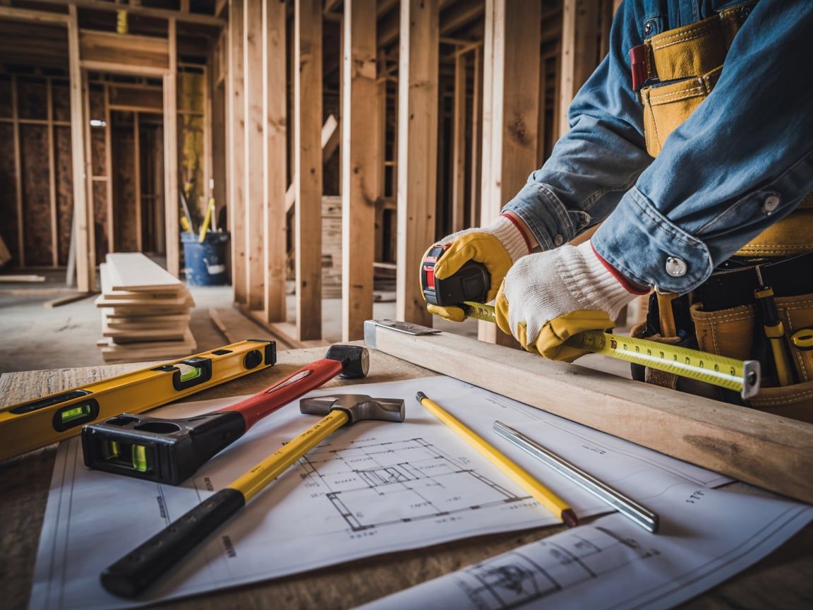Construction worker measuring wood with tools and blueprints at a construction site.