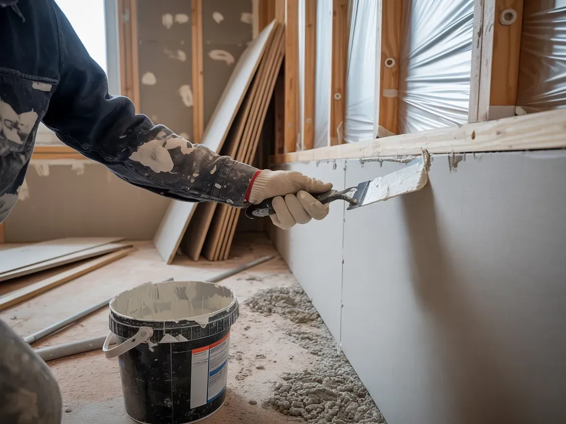 Person applying drywall compound with a putty knife inside a room under construction.