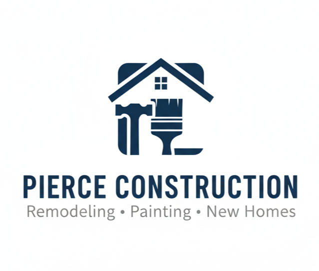 Logo for Pierce Construction. Features a house icon, hammer, brush, and text: "Pierce Construction".