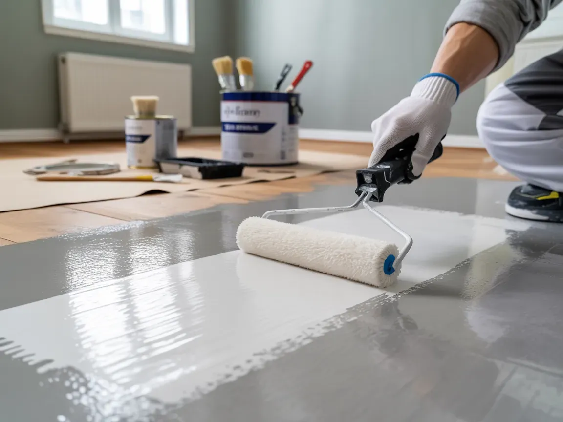 Person in gloves painting a floor with a roller, using gray paint.