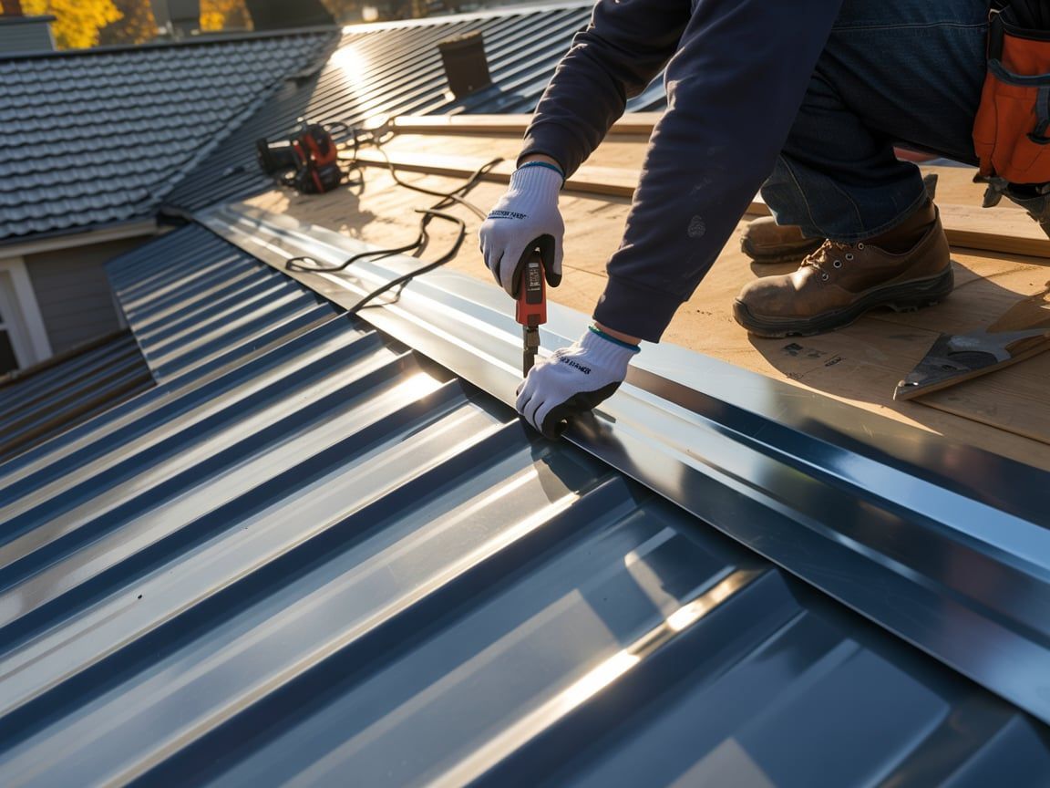Roofer installing metal flashing on a corrugated metal roof, using a power tool outdoors.