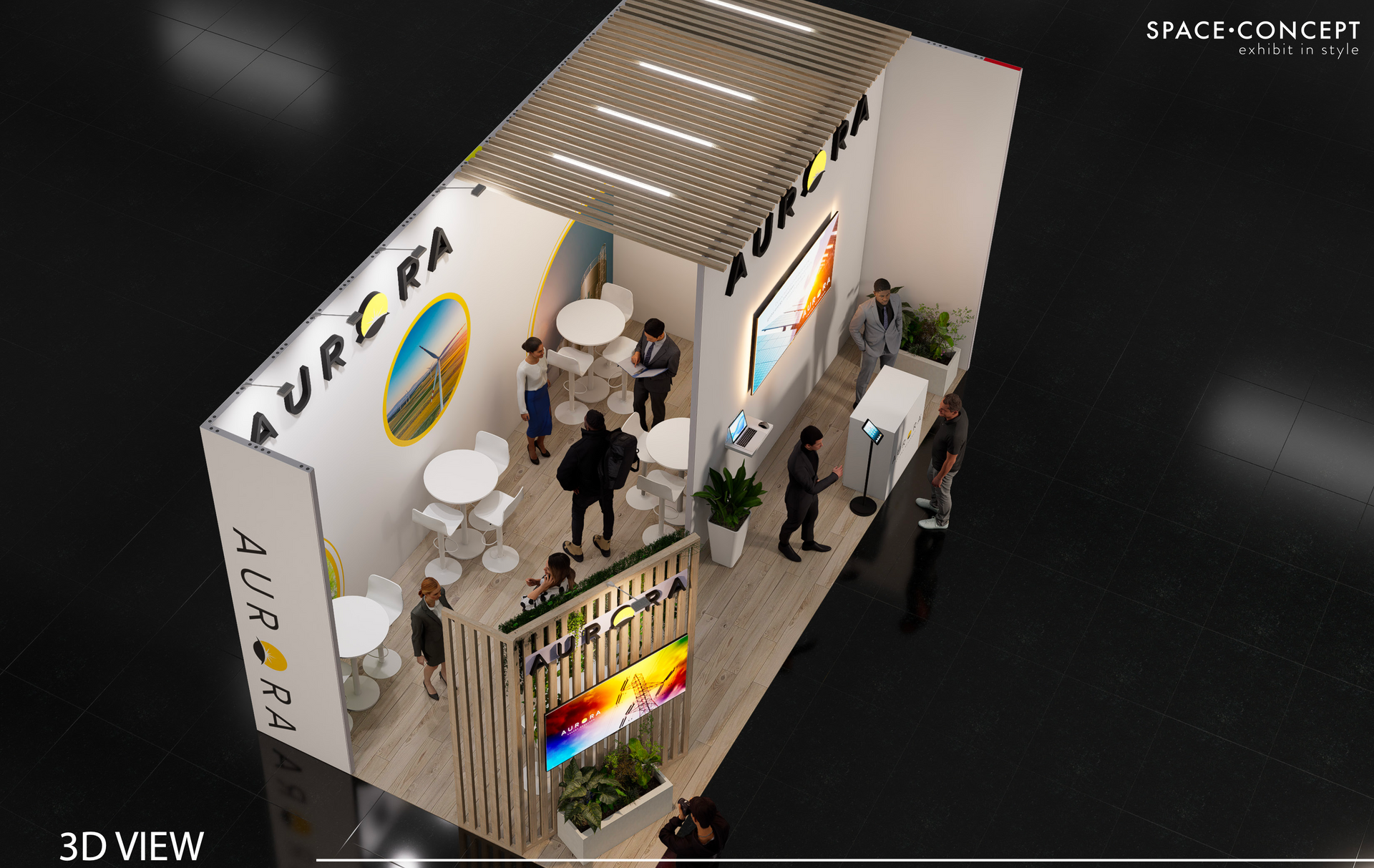 A 3D rendering of an Aurora trade show booth with people, display screens, seating area, and the brand logo.
