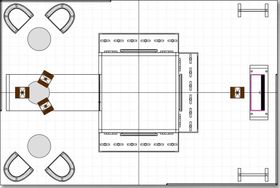 Overhead view of a room with furniture: sofas, chairs, tables, TV, and console table.