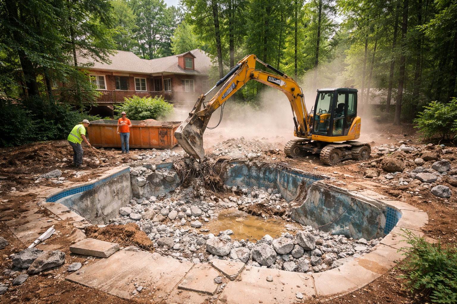 A yellow excavator breaks apart a concrete swimming pool in a residential backyard while two workers observe.