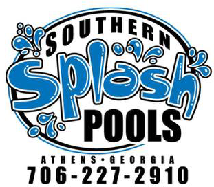 Logo for Southern Splash Pools in Athens, Georgia, featuring blue text with water droplet accents and phone number.