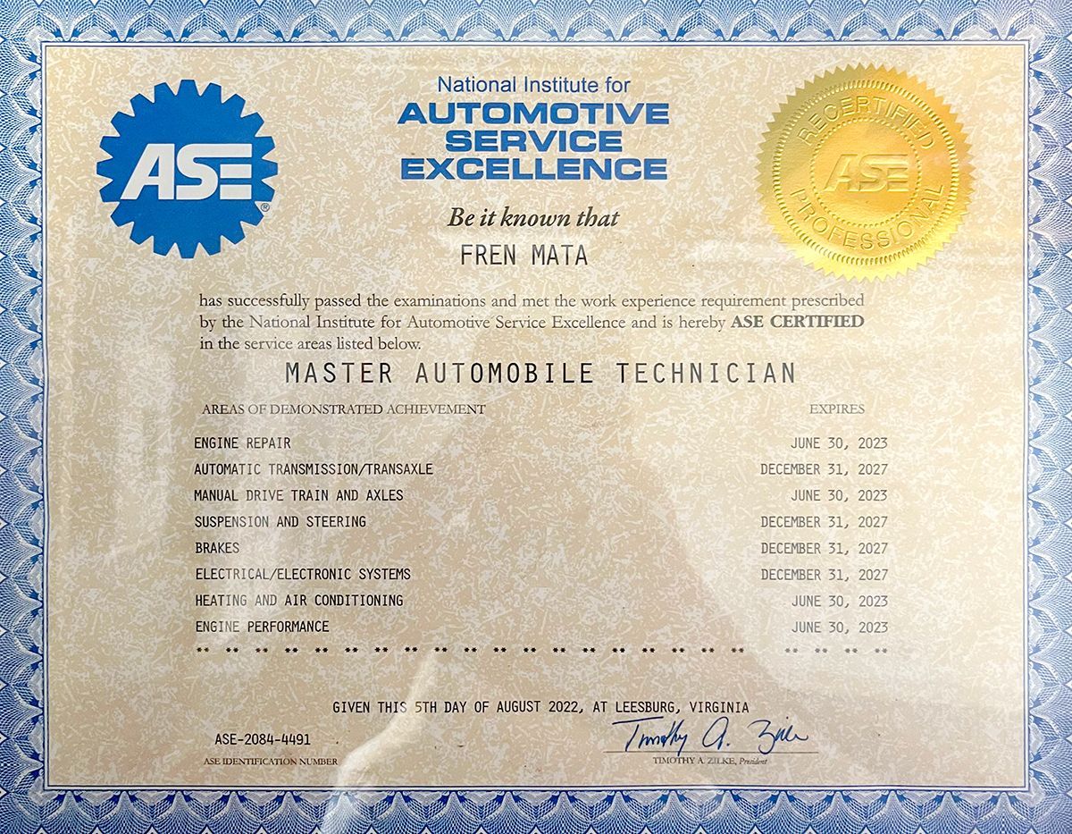 A certificate that says automotive service excellence on it