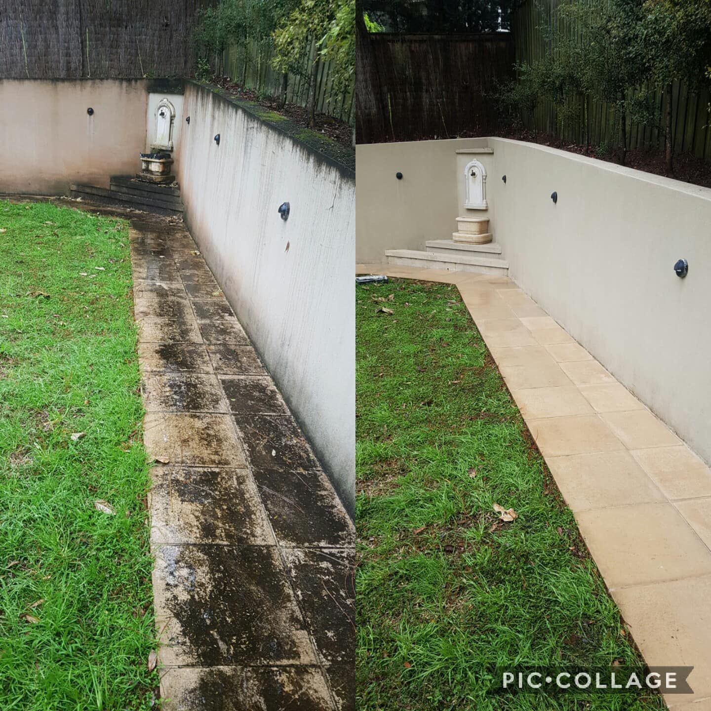 A before and after photo of a sidewalk in a yard.
