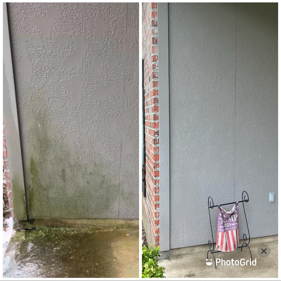 A before and after picture of a dirty wall and a clean wall.